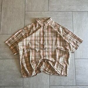 Rustic Ridge Mens 2X Short Sleeve Plaid Button Down Shirt Tan Orange Brown